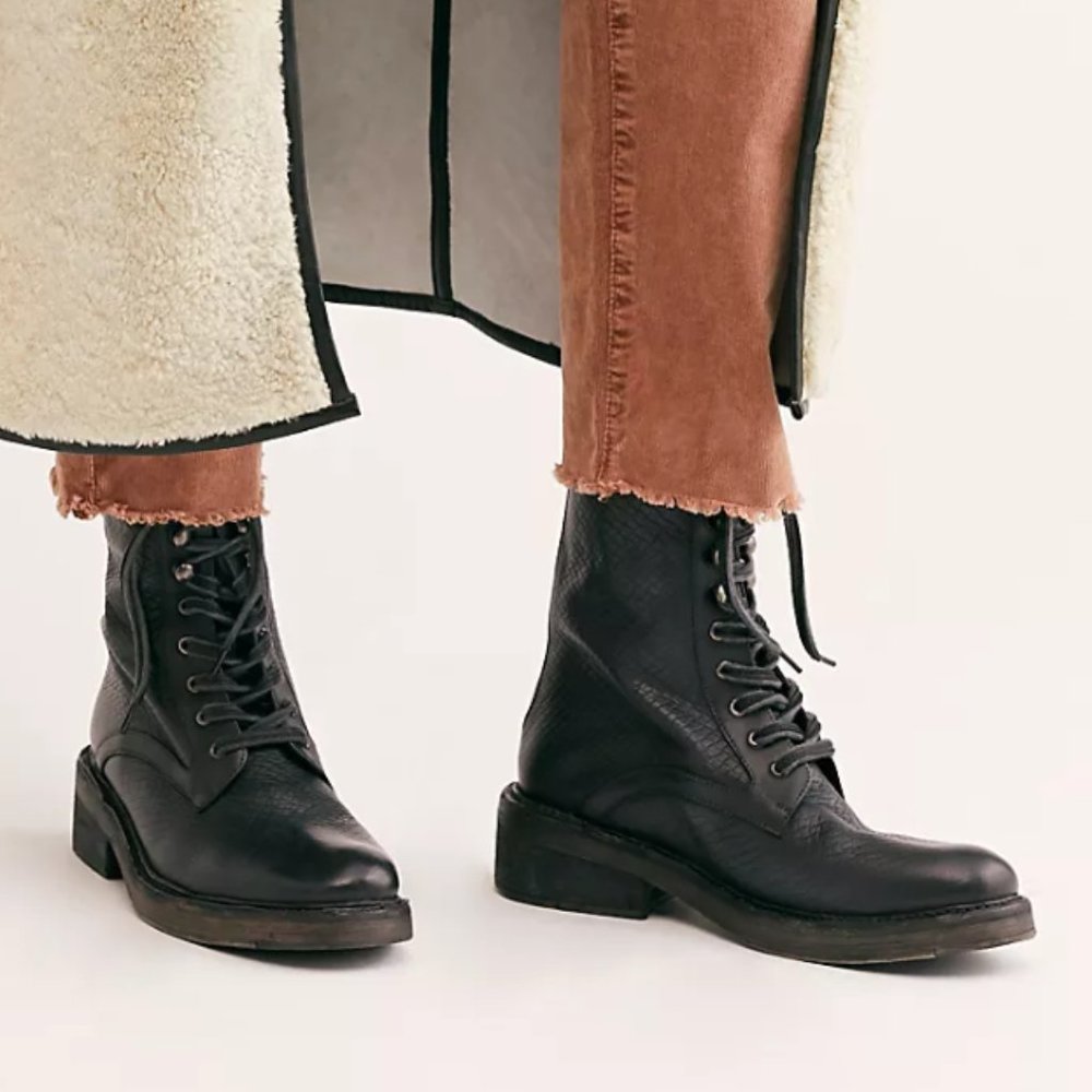Free People Leather Santa Fe Lace-Up Boot in Black Embossed | Size 7